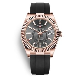 Rolex Sky-Driving series automatic mechanical movement 100 meters waterproof men’s watch Swiss watch 42mm gray dial Everose gold case rubber strap m326235-0006