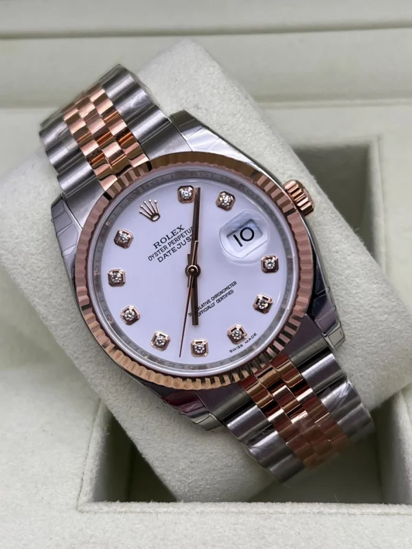 Rolex Datejust series automatic mechanical movement 100 meters waterproof men’s watch Swiss watch 36mm white dial stainless steel rose gold case stainless steel rose gold strap 116231 white dial with diamonds - Image 3
