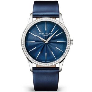 Patek Philippe Calatrava 35mm 18ct White Gold Blue Dial Diamond Set Bezel Ladies Watch