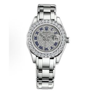 Rolex PEARLMASTER automatic mechanical movement date display Roman hour markers women’s watch Swiss watch 29mm silver dial white gold case 80299 pavé diamond plate
