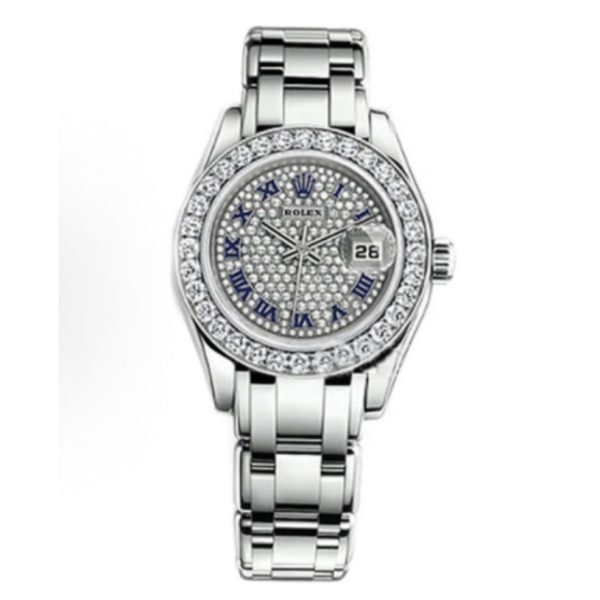 Rolex PEARLMASTER automatic mechanical movement date display Roman hour markers women’s watch Swiss watch 29mm silver dial white gold case 80299 pavé diamond plate
