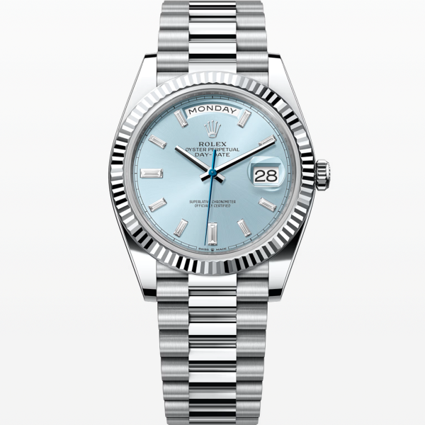 Rolex Day-Date 36mm Platinum Ice Blue Diamond Dial Watch 128236-0006