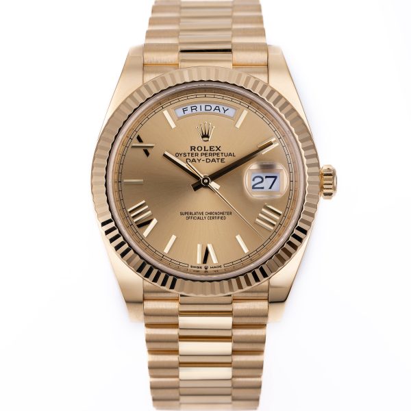 Rolex Day-Date Automatic Mechanical Movement Date and Week Display Roman Markers 40mm Gold Dial 228238-0006
