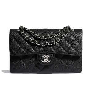 CHANEL/Classic Small Black Calfskin Silver Buckle Chain Shoulder Bag