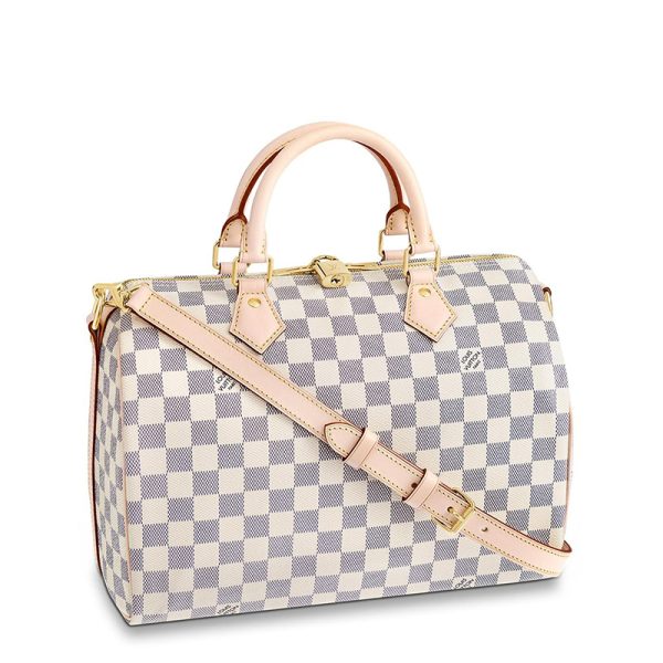 LV sky blue checkerboard canvas embellished leather shoulder crossbody handbag