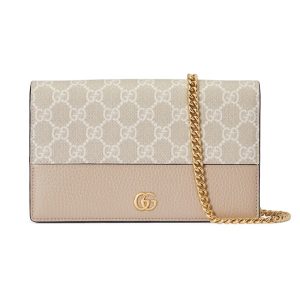 Gucci mini oat colored leather rolled edge chain canvas crossbody bag