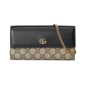 Gucci black canvas with leather embellishment and gold GG decorative chain shoulder crossbody bag