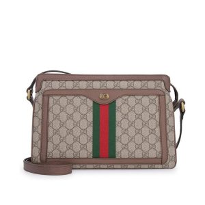 Gucci Double G Printed Red and Green Ribbon Decorative Beige Canvas Crossbody Bag