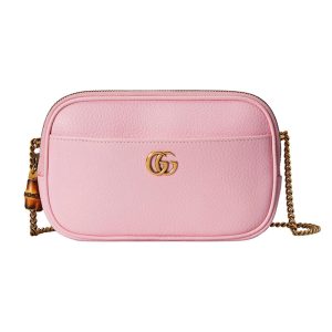 Gucci mini pink leather bamboo double G logo zipper opening crossbody bag
