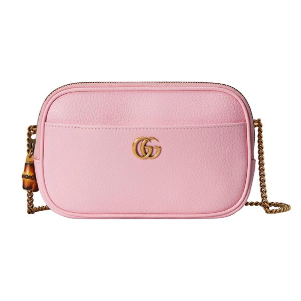 Gucci mini pink leather bamboo double G logo zipper opening crossbody bag