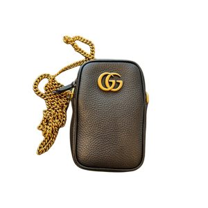 Gucci black leather double G brand logo chain shoulder strap mobile crossbody bag