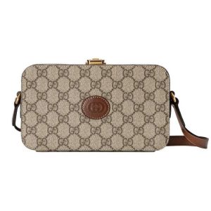 Gucci beige canvas oval double G metal buckle shoulder crossbody bag