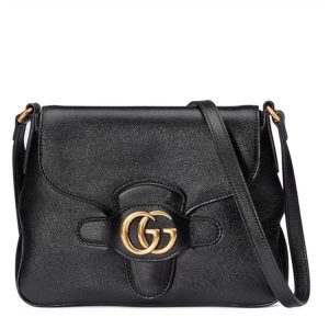 Gucci small black leather retro double G gold decoration flip shoulder crossbody bag