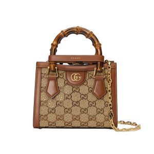 Gucci Small Camel/Ebony Canvas Crystal Finish Bamboo Handle Handbag