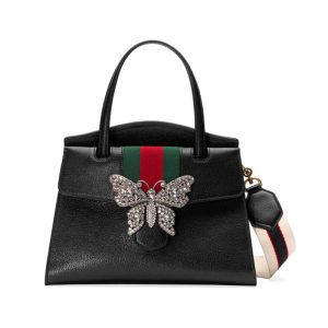Gucci red and green ribbon butterfly decoration black leather handbag