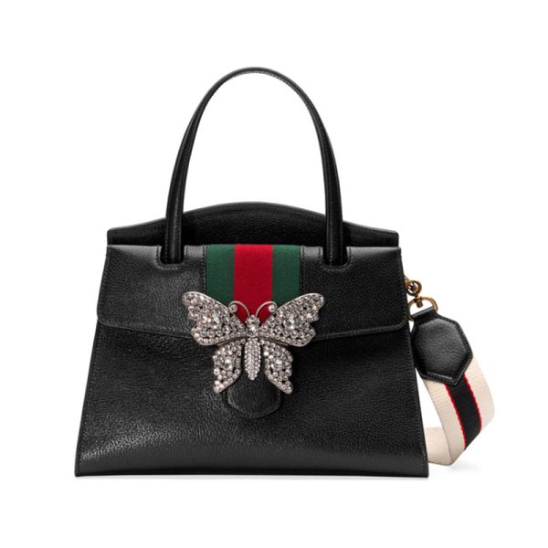Gucci red and green ribbon butterfly decoration black leather handbag