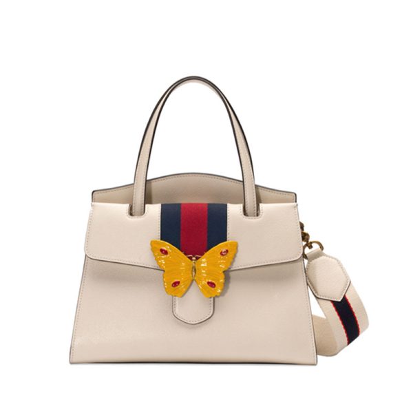 Gucci red and green ribbon butterfly decoration ivory white leather handbag