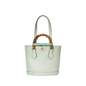 Gucci light green leather Diana bamboo double G logo tote bag