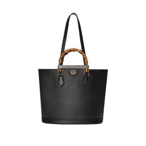 Gucci black leather Diana bamboo double G logo tote bag handbag