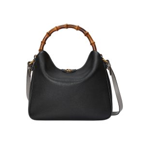 Gucci Medium Black Leather Bamboo Handle Shoulder Bag