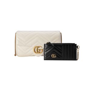 Gucci White Quilted V-shaped Leather Shoulder Bag with Card Clip Chain