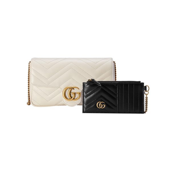 Gucci White Quilted V-shaped Leather Shoulder Bag with Card Clip Chain