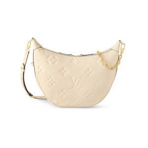 LV cream white embossed grain cowhide half moon shaped hand-held shoulder bag