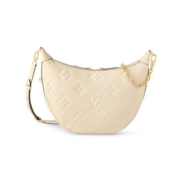 LV cream white embossed grain cowhide half moon shaped hand-held shoulder bag