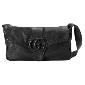 Gucci Black Leather Double G Magnetic Buckle Shoulder Bag