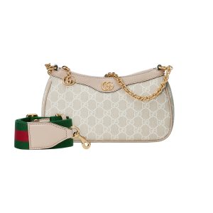 Gucci small beige/white canvas shoulder bag with leather