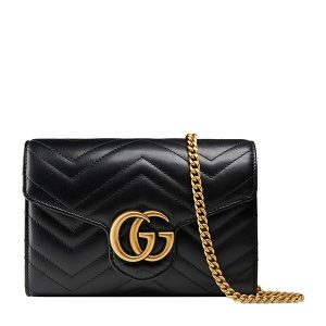 Gucci Wave Pattern Black Leather Double Chain Shoulder Bag