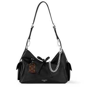 LV Small Black Sheepskin Wrinkle Detail Silver Chain Shoulder Bag