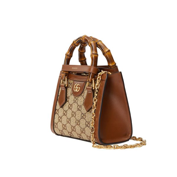 Gucci Small Camel/Ebony Canvas Crystal Finish Bamboo Handle Handbag - Image 2