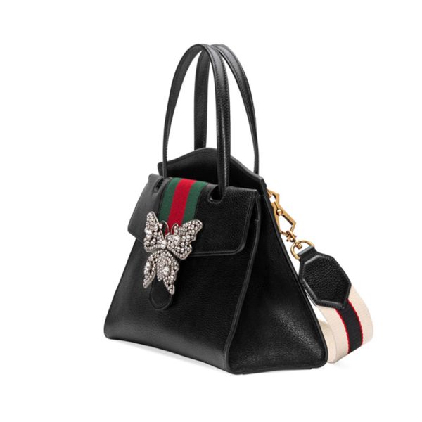 Gucci red and green ribbon butterfly decoration black leather handbag - Image 2