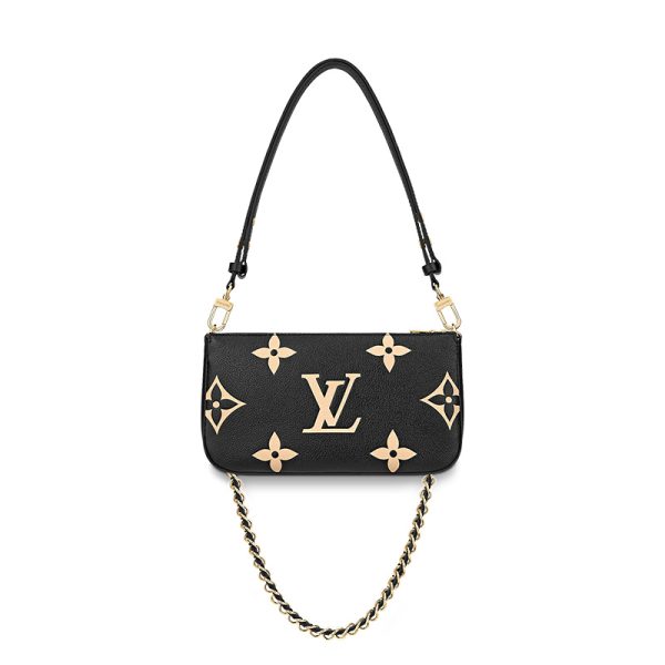 LV black cowhide with embossed grain leather and gold buckle, single shoulder diagonal cross handbag