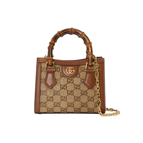 Gucci Small Camel/Ebony Canvas Crystal Finish Bamboo Handle Handbag - Image 3