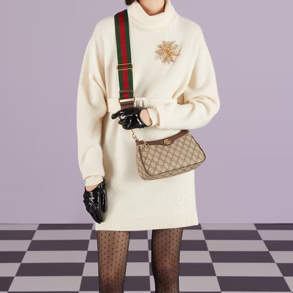 Gucci small beige/ebony canvas brown leather shoulder bag - Image 5