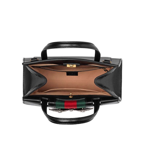 Gucci red and green ribbon butterfly decoration black leather handbag - Image 4